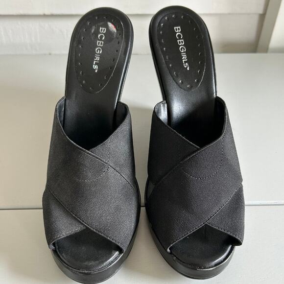 BCBGirls Black Elastic Crossover Platform Wedges Slip-On Sandals Heels Size 10 - Picture 6 of 14
